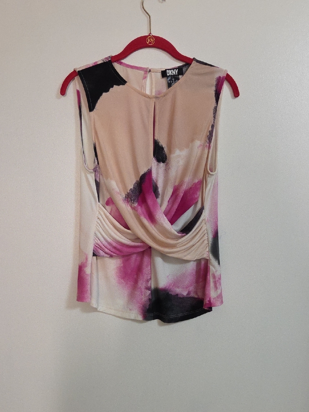 DKNY Pink Cream and Black Draped Sleeveless Tank